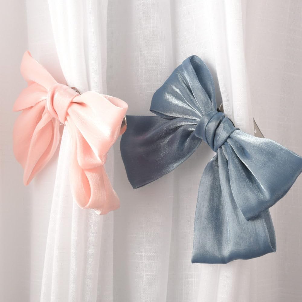2 Pack Bow Curtain Tiebacks Clip Aesthetic Tie Backs for Curtains, Home Decor Living Room Curtain Decoration Clip, Light Pink