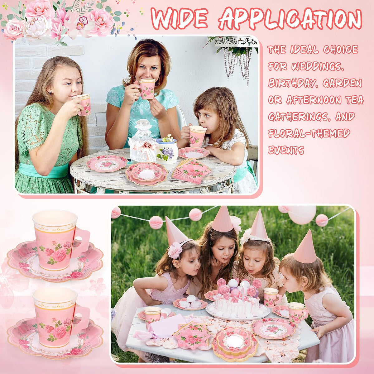 96 Pieces Floral Paper Tea Cups and Saucers 9 Oz Teacups with Handle 9 Inch and 7 Inch Paper Plates Saucers Napkins Disposable Tea Party Supplies Serve 24 for Wedding Baby Shower Party, Pink