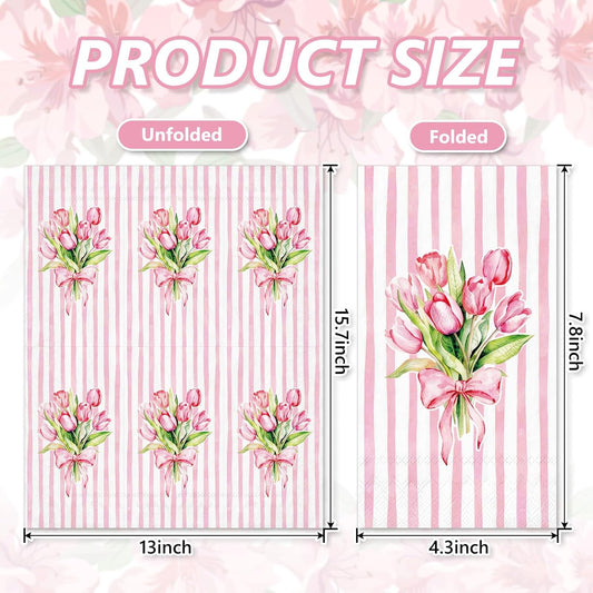 Whaline 50Pcs Tulip Guest Napkins Pink Striped Floral Disposable Hand Towels Watercolor Bow Flower Paper Napkins for Birthday Wedding Mother's Day Bathroom Kitchen