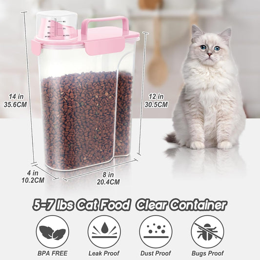 5-7Lbs/6Qt Dog Cat Storage Container Portable with Upgraded Large Spout and Cup, Plastic Pet Food Dispenser for Small Animal Kibble, Bird Seed, Oatmeal, Rice, Flour, Brown Sugart- Light Pink