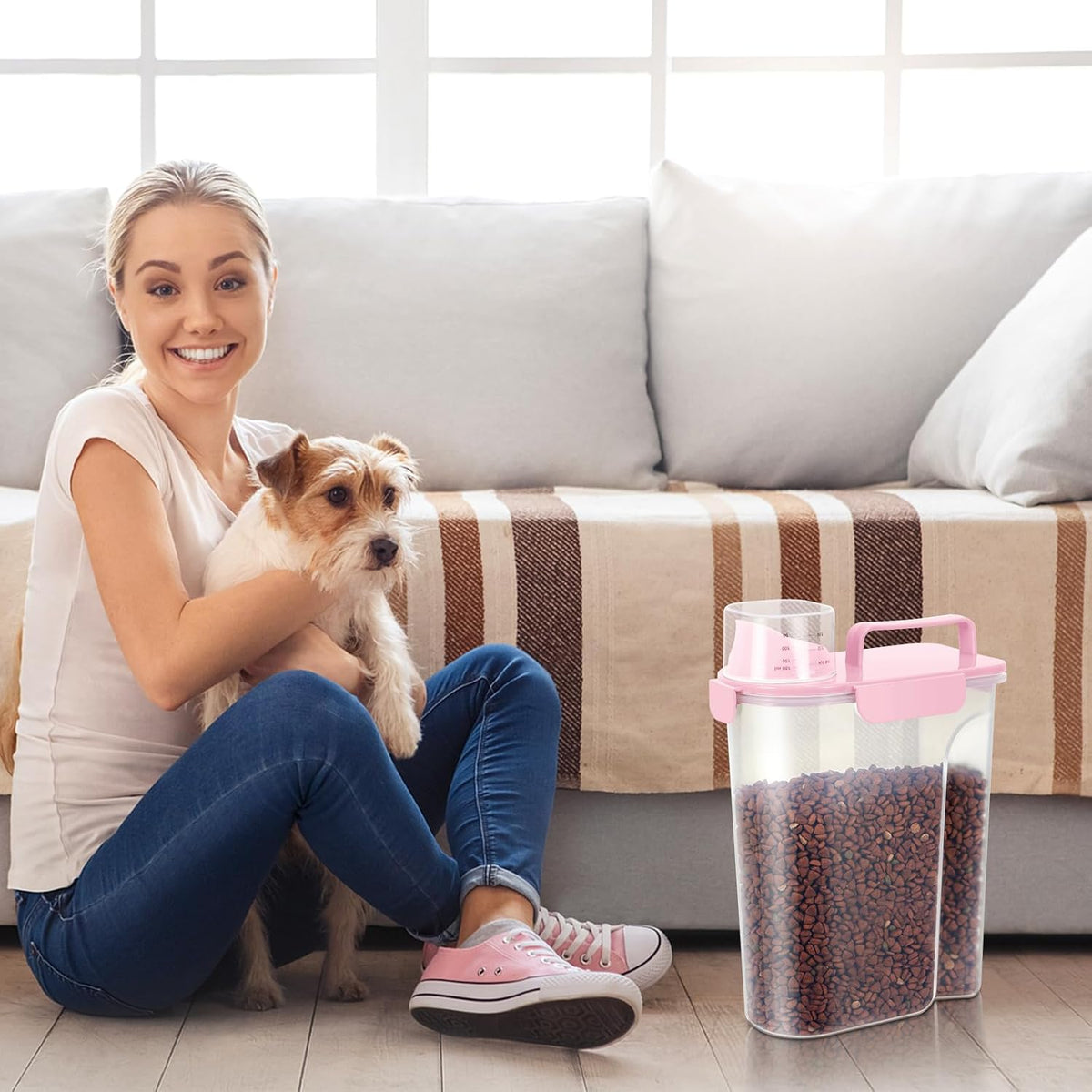 5-7Lbs/6Qt Dog Cat Storage Container Portable with Upgraded Large Spout and Cup, Plastic Pet Food Dispenser for Small Animal Kibble, Bird Seed, Oatmeal, Rice, Flour, Brown Sugart- Light Pink