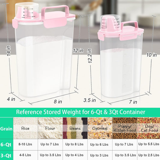 2 Pack Airtight Rice Container 5 Lbs +10 Lbs, Cereal Container Oatmeal Storage with Easy-pouring Spout & Handy Cup for Flour Grain Beans, Pet Dog Cat Bird Food Storage Dispenser -Pink