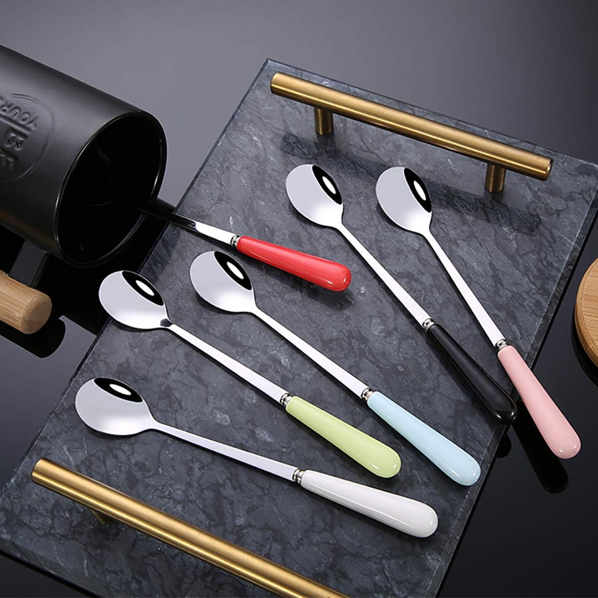 3PCS Mixing Spoons for Coffee, Dessert, Ice Cream, Milkshake, Stainless Steel Iced Teaspoon with Ceramic Handle Tablespoons Espresso Cocktail Stirring Spoons, 6.8-Inch (Pink)
