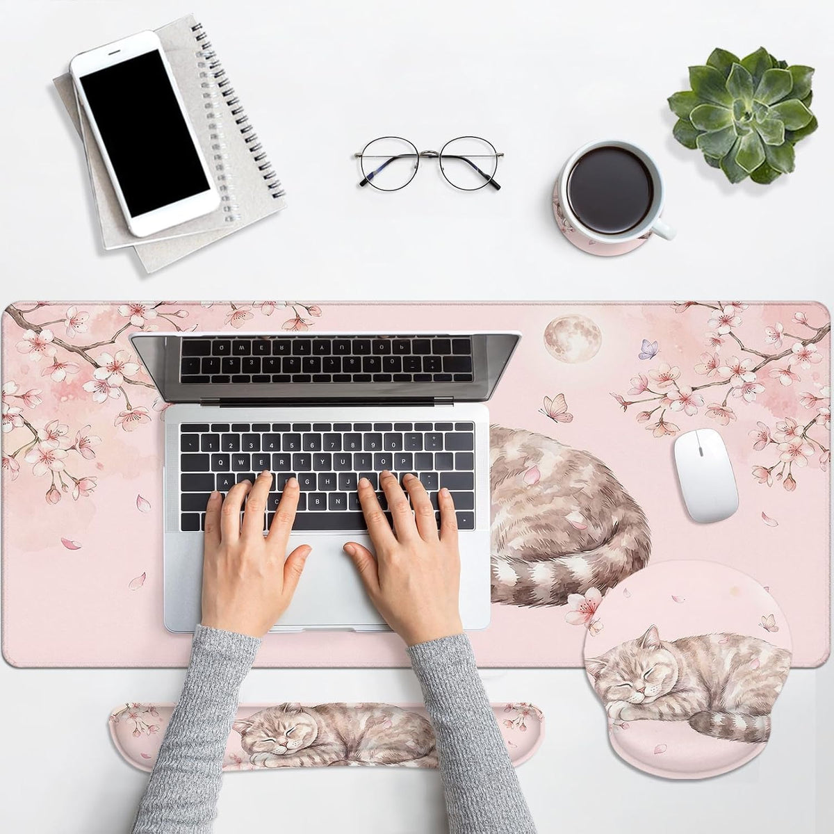 Keyboard Mouse Pad Set, 4 in 1 Desk Mat Set Kawaii Cat