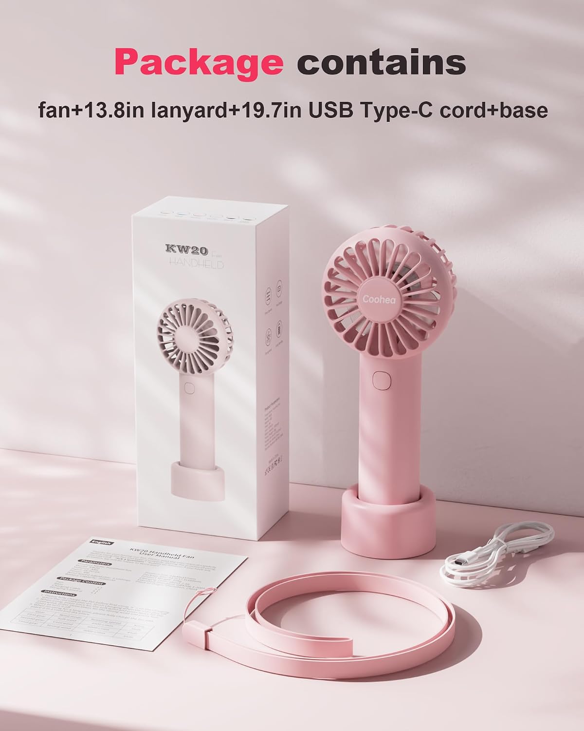 Mini Handheld Fan, Small Cute Design, 3 Powerful Speeds, USB Rechargeable Battery Operated, Personal Portable Fan with Base & Lanyard, for Eyelash Makeup Travel Beach Office Desk, Pink