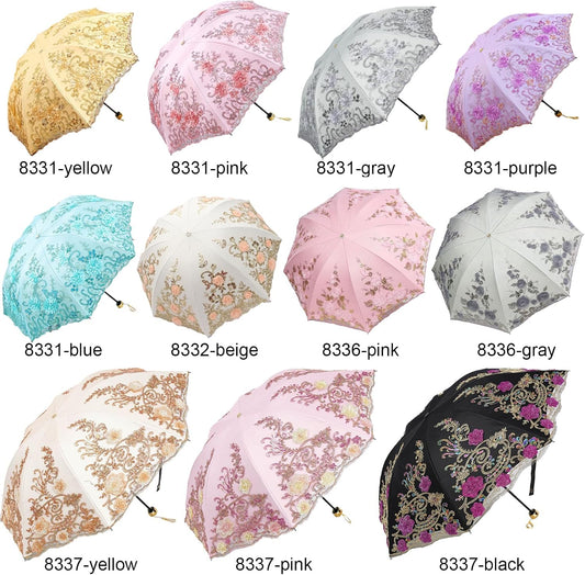 Vintage Lace Umbrella, UPF50+ Sun Umbrella, 3D Flower Chinese Embroidery Compact Folding Umbrella for Walking, Wedding, Tea Party,Photo Shooting