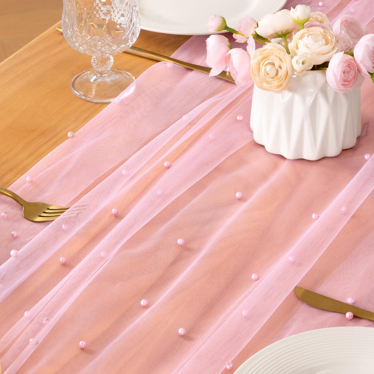 Pink Pearl Table Runner Sheer Tulle Cheesecloth Table Runner 10Ft