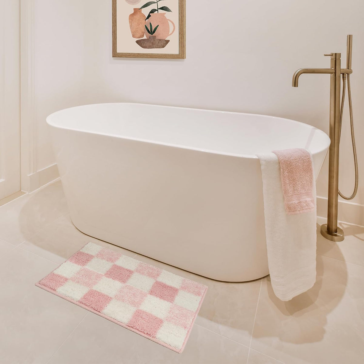 Checkered Pink Bathroom Rug, 24" x 16", Cute Bath Mat
