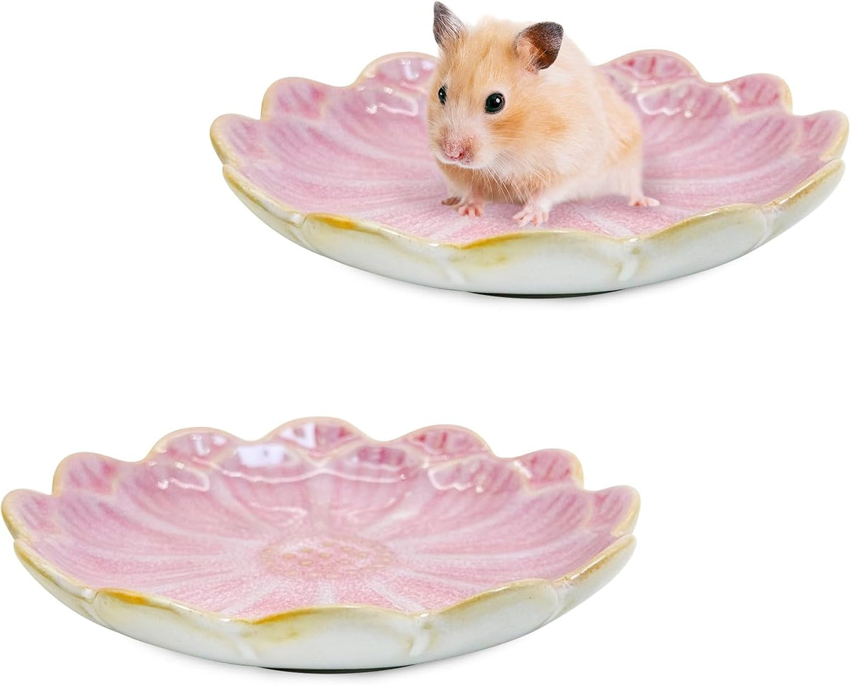 Shallow Ceramic Hamster Food Dish 2 Pcs Small Animals Food Bowl Sunflower Feeding Dishes for Gerbils Mice Rats 4.5in (Pink)