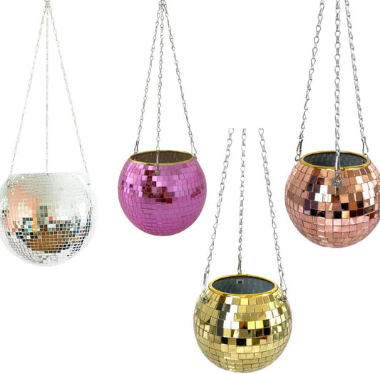 Disco Ball Hanging Flower Pot with Rope Mirror Bohemian Style Planter Hanging Basket for Indoor Plants Garden Decor Vase(Pink,10cm)