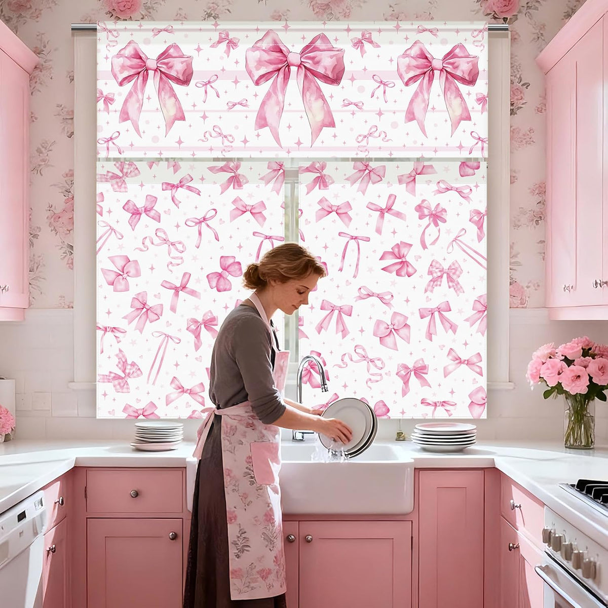 13 Pcs Pink Bow Kitchen Decor Set 3 Coquette Kitchen Curtains Valance 2 Aesthetic Rugs and Mats 4 Girly Hand Towels 2 Pink Pot Holders 2 Oven Mitts for Home Decor Cooking Grilling Housewarming Gift