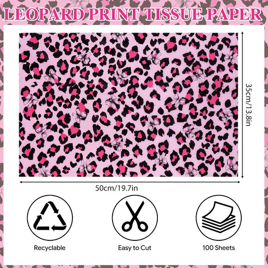 100 Sheets Leopard Print Tissue Paper Bulk, Pink Brown Tissue Paper for Gift Bags DIY Crafts, Cheetah Gift Wrap with Bow for Wedding Birthday Bridal Shower Valentine's Day Party, 20 x 14 Inch