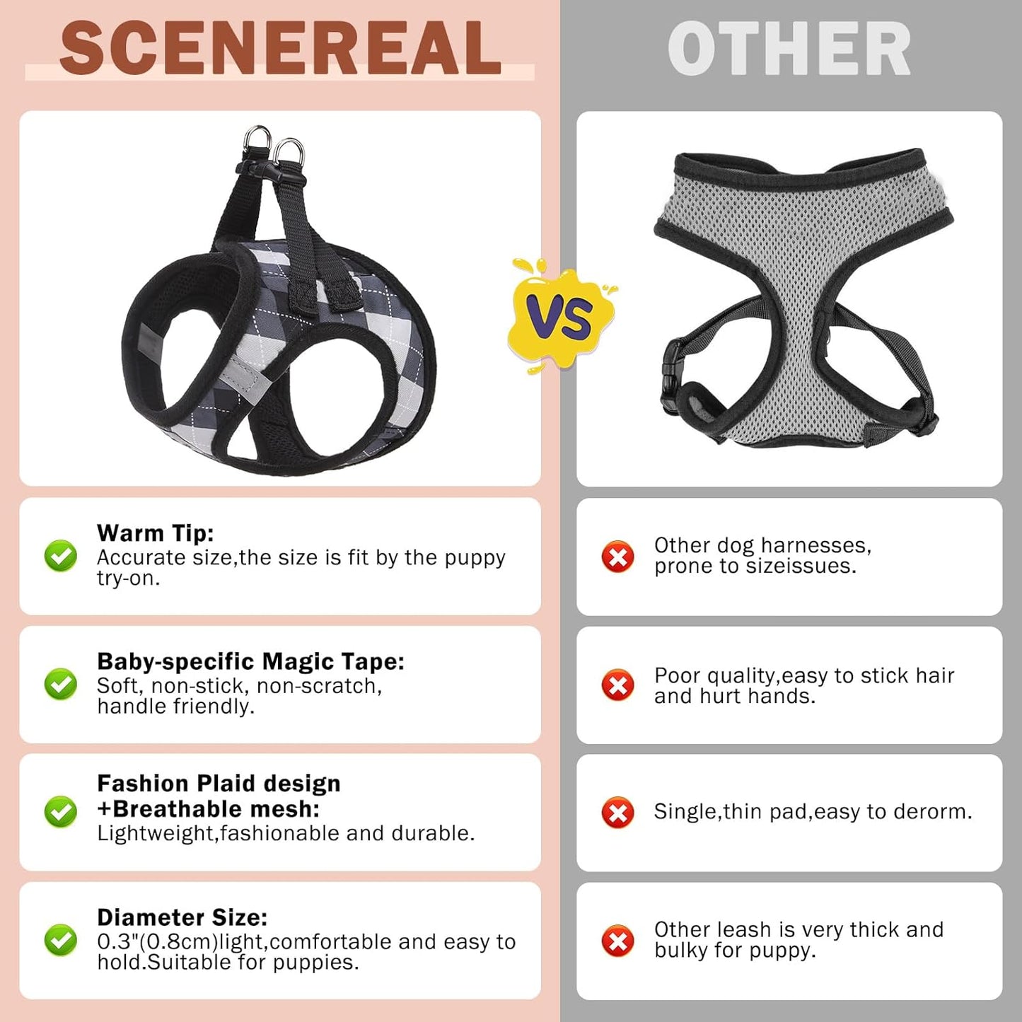 SCENEREAL Small Dog Harness and Leash Collar Set, Step in No Pull Soft Mesh Dog Harnesses for Small Medium Sized Dogs Puppy and Cats Outdoor Walking, No Chock Reflective Vest Harness, Black Plaid S