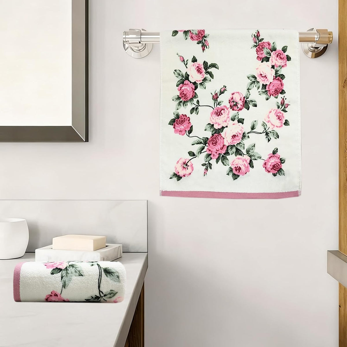 2-Piece Pink Peony Floral Pattern Hand Towels Pastoral Style Farmhouse Decorative Flower Bathroom Towels Soft Absorbent Beautiful Washcloth for Shower Kitchen Spa Beach, 13x28 Inch