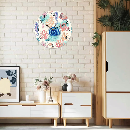 Marine Life Round Wall Clocks 12 Inch Watercolor Blue Shell Pink Fish Coral Seahorses Summer Silent Non-Ticking Battery Operated PVC Clock for Wall Home Decor Kitchen Living Room Bedroom Office