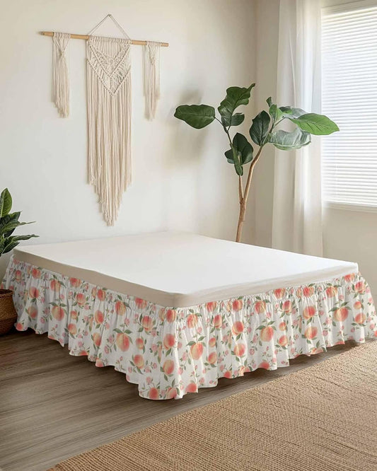 Wrap Around Bed Skirt Queen Size 16 inch Drop, Vintage Pink Peaches Flowers Elastic Adjustable Bed Skirts Ruffled Bedskirt, Summer Fruit on Linen Bed Frame Cover Hotel Luxury Bedskirts