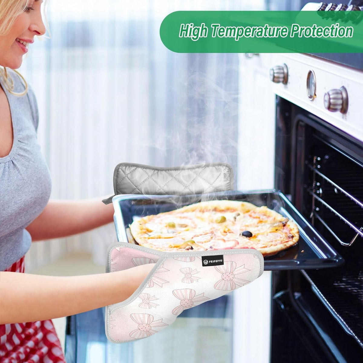 Light Pink Bows 2 Pack Heat Resistant Pot Holders, Thick Quilted Oven Mitts with Pocket, Heavy Duty Potholders for Kitchen Baking BBQ Grill, Machine Washable 7x9.8 Inch