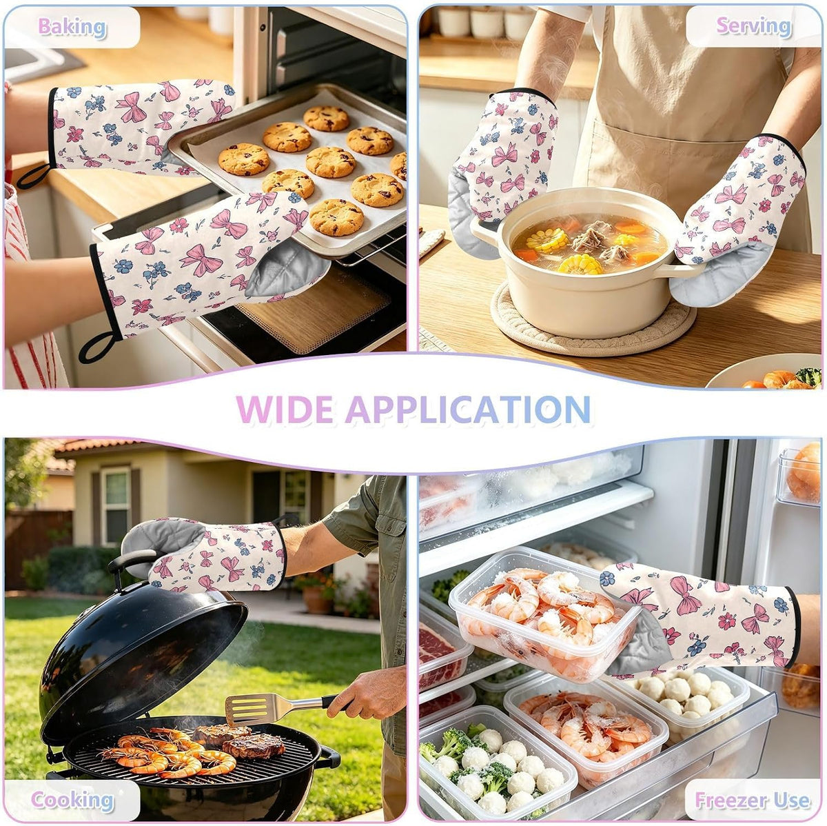 Pink Bows Blue Rose 2pcs Oven Mitts Heat Resistant Kitchen Gloves Great Gift for Cooking Baking
