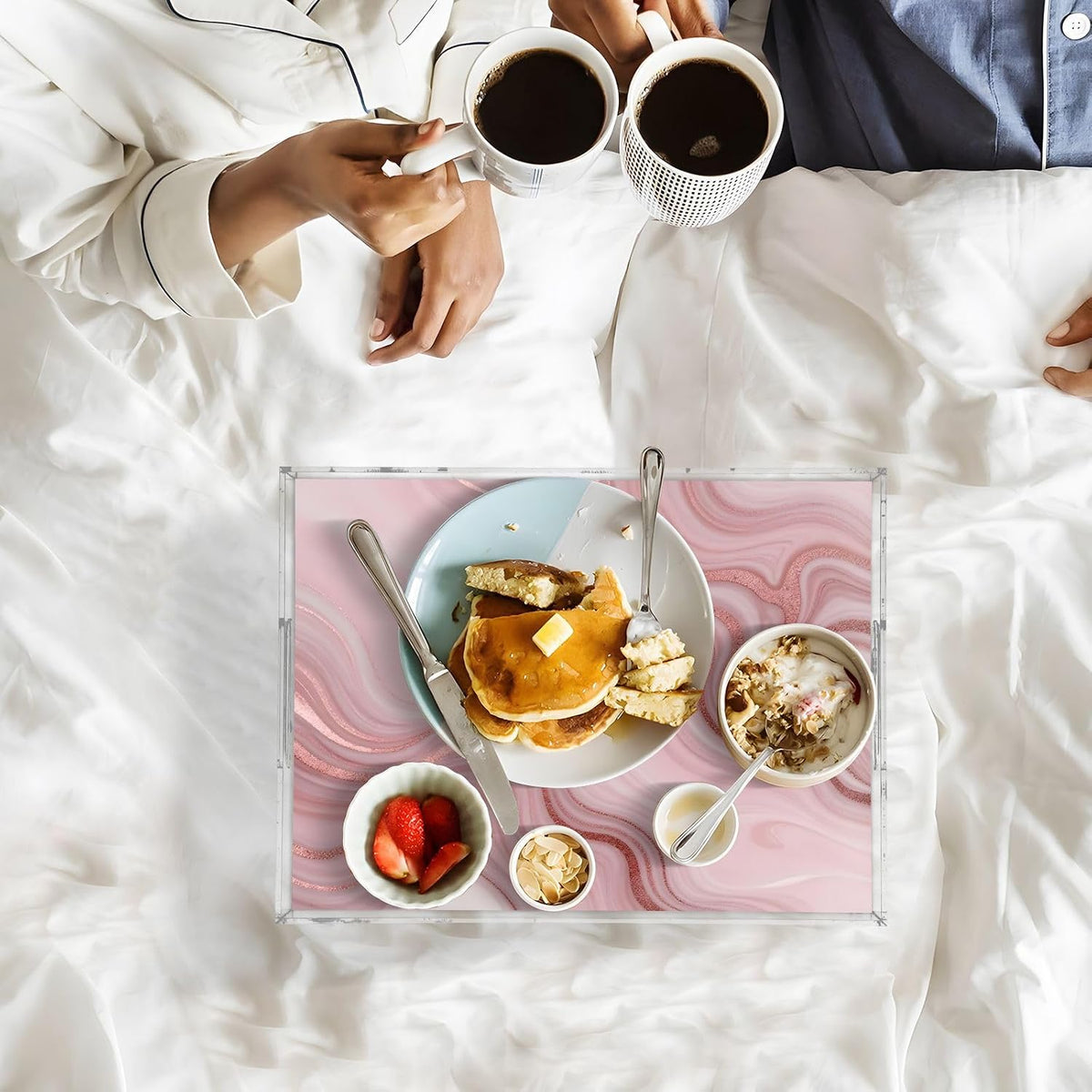 Pink Marble Serving Tray 12" x 16" Acrylic Trays with Handles Decorative Serving Platter for Coffee, Breakfast in Bed, Dinner, Appetizers, Patio, Party