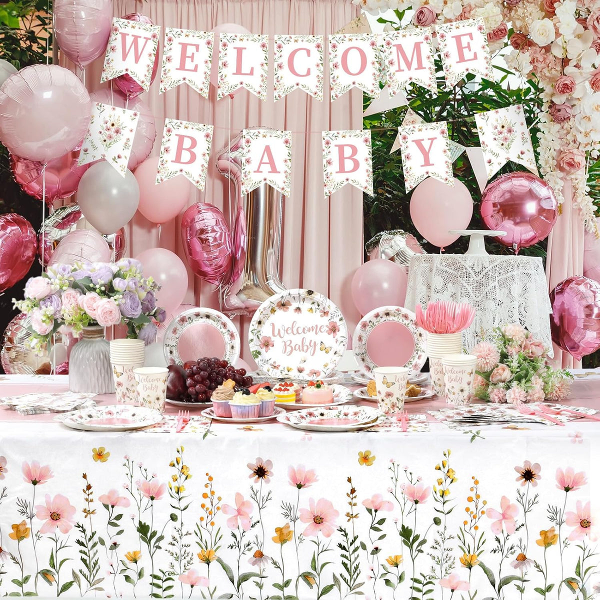 128 Pcs Pink Floral Baby Shower Party Decoration Girl for 25 Guests, Wildflower Welcome Baby Shower Paper Plates Napkins Cups Tablecloth Forks Banner for Spring Gender Reveal Party Supplies