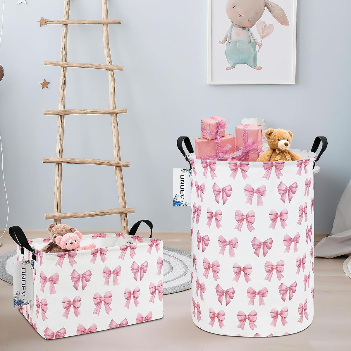 Round Large Pink Bow Print Waterproof Laundry Hamper