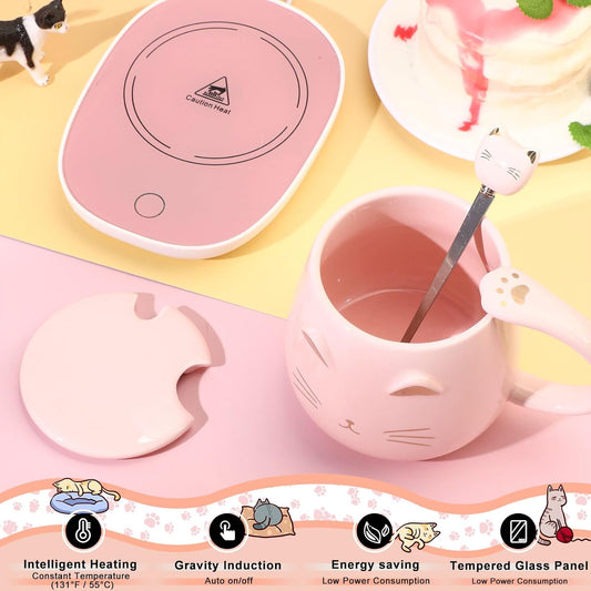 Cat Coffee Cup Coffee Warmer with Mug for Women Electric Mug Heater Temperature Control Ceramic Cute Cat Warmer for Office Valentine' Day Birthday Gift(Pink)