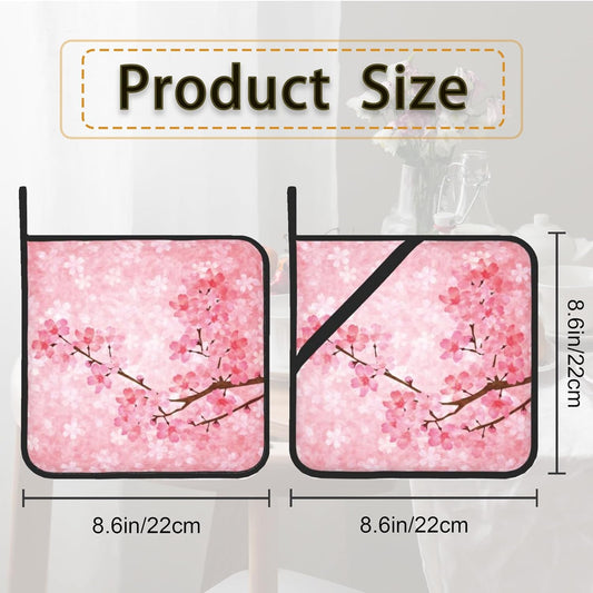 Pink Blooming Cherry Blossoms Pot Holder Set of 2,Heat Resistant Potholders Oven Hot Pads for Kitchen Cooking Baking BBQ