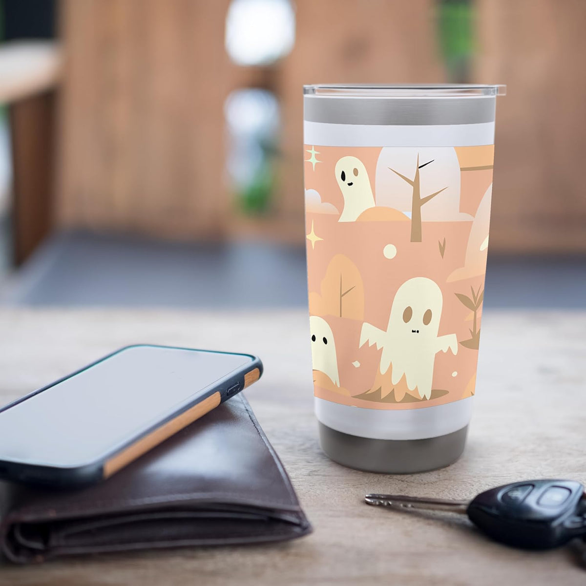 HALLOWEEN GHOST CARTOON PATTERN PEACH AND CREAM Stainless Steel Insulated Tumbler