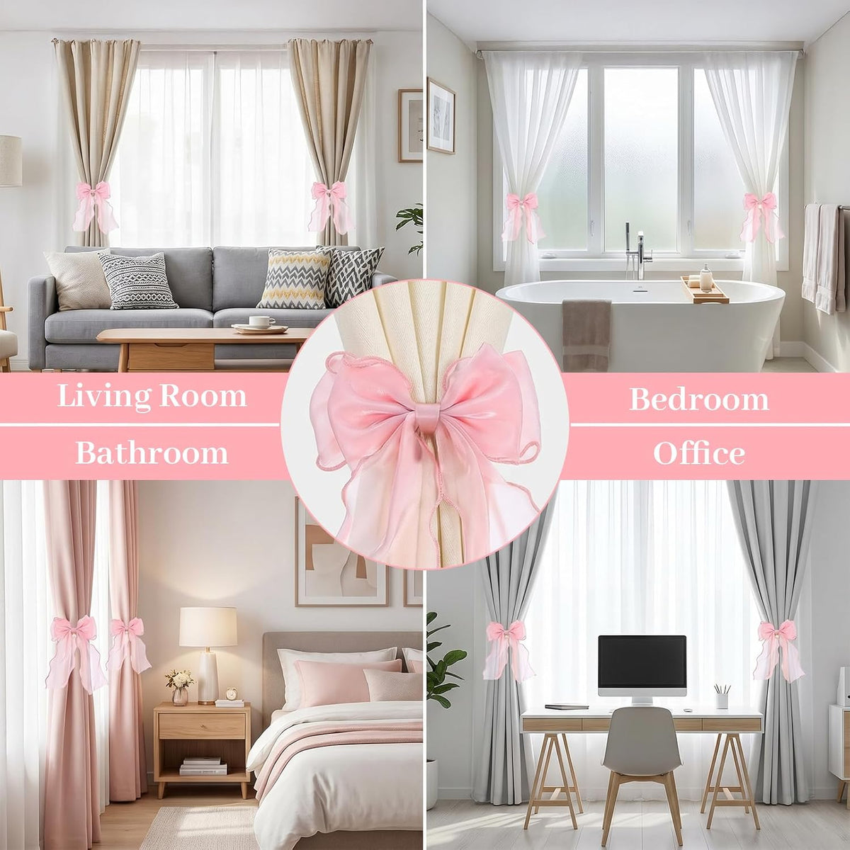 2 PCS Pink Curtains Tiebacks Bow Tie Backs for Curtains French Lace Ribbon Curtain Tiebacks Elegant Curtain Ties for Drapes for Home Office Bedroom Living Room Wedding Party Decoration