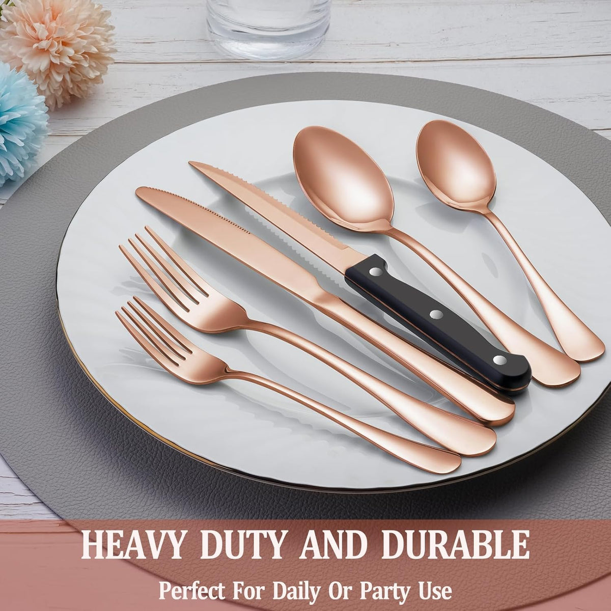 24 Pcs Rose Gold Silverware Set with Steak Knives, Stainless Steel Flatware Cutlery Set for 4, Kitchen Tableware Sets, Utensil Sets for Home and Restaurant, Dishwasher Safe