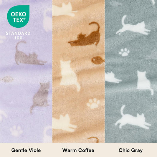 Luciphia 3 Pack Cat Blankets, Soft Fluffy Fleece Blanket with Cute Cat Print, Cozy Small Pet Throw Blanket for Cat Bed Carrier Couch Travel, Machine Washable, Purple/Grey/Khaki,23x16