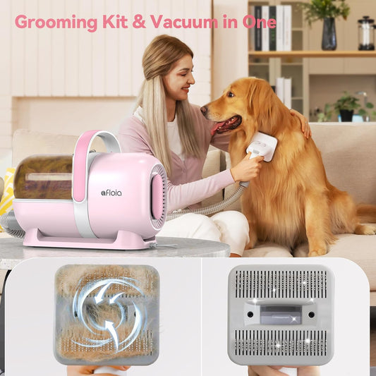 6-in-1 Dog Grooming Kit, Pet Grooming Vacuum for Shedding, Dog Hair Vacuum with Clipper Nail Trimmer Grinder, Pet Brush Groomer at Home, Low Noise Cats Hair Remover, 1.5L Dust Cup, Pink