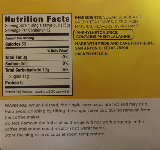 H.E.B Peach Iced Tea 12 Single Cups Compatible with Keurig K-cup Brewers