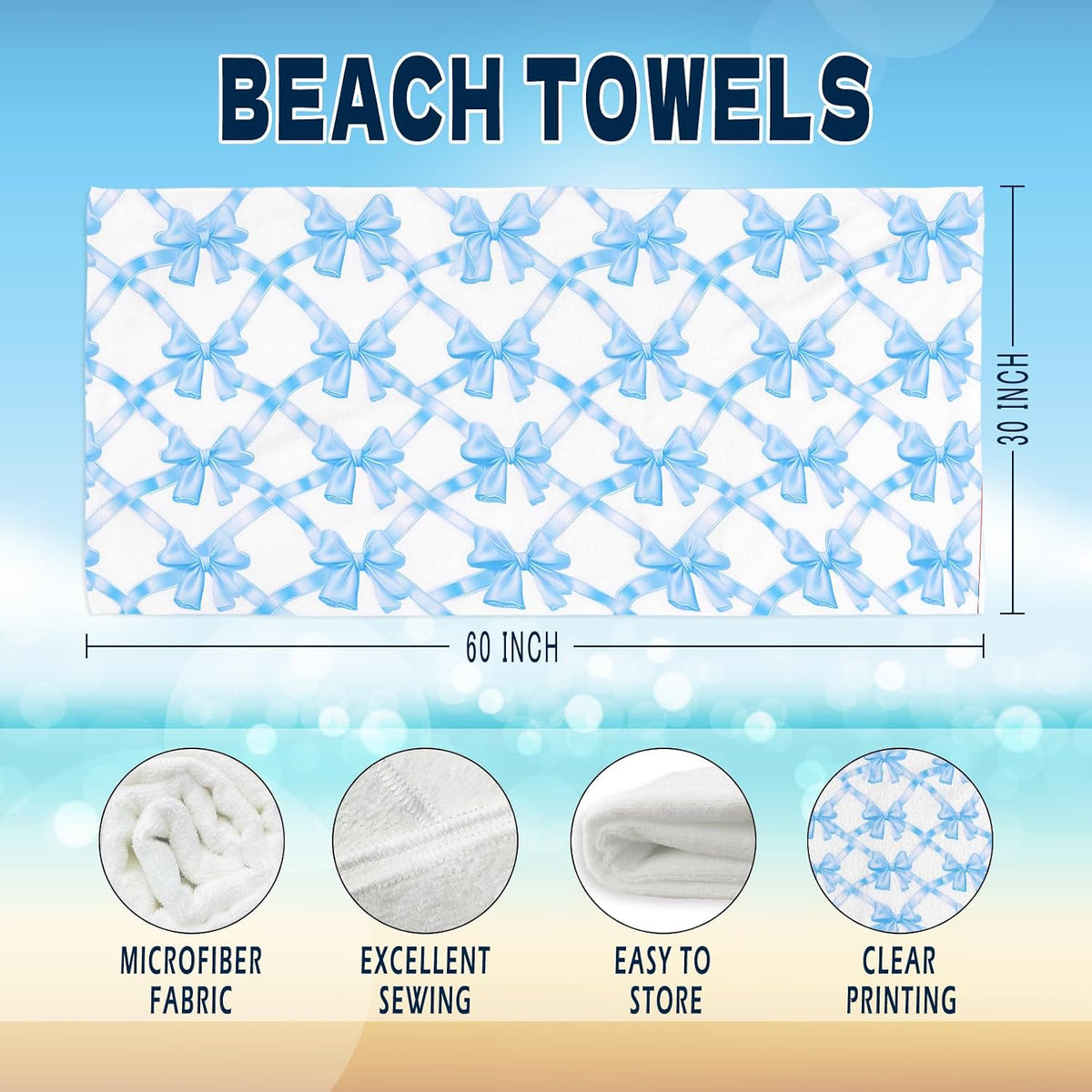 Coquette Preppy Pink Bow Beach Towel - Aesthetic Girly Trendy Sky Blue Bowknot Pool Towels Microfiber Absorb Water Travel Towels 60x30 Inches for Bathroom Kitchen Gym Yoga, Gifts for Girls Lady