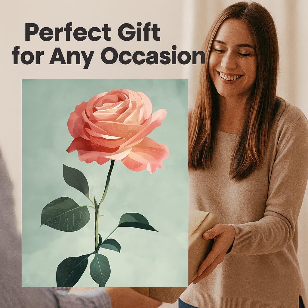 Soft Peach Rose Stem - 8x10 Unframed Single Rose Wall Art - Blossom Flower Botanical Print for Bedroom Office Living Room Hallway or Gallery Wall - Romantic Floral Artwork for Home Decor