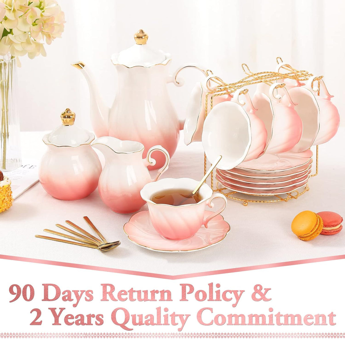 22 pcs Porcelain Tea Set for 6, Luxury British Style Tea/Coffee Cup Set with Golden Trim, Beautiful Tea Set for Women, Tea Party Set, Gift Package (With a Stand) - Gradient Pink