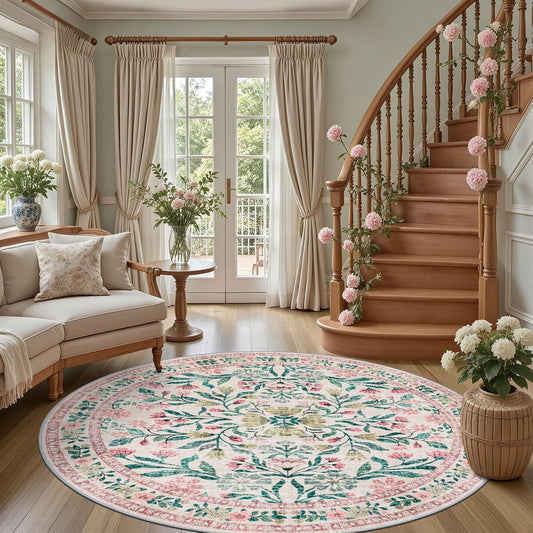 PLHXFR Round Area Rug Living Room: 6 ft Floral Washable Carpet Pink Green