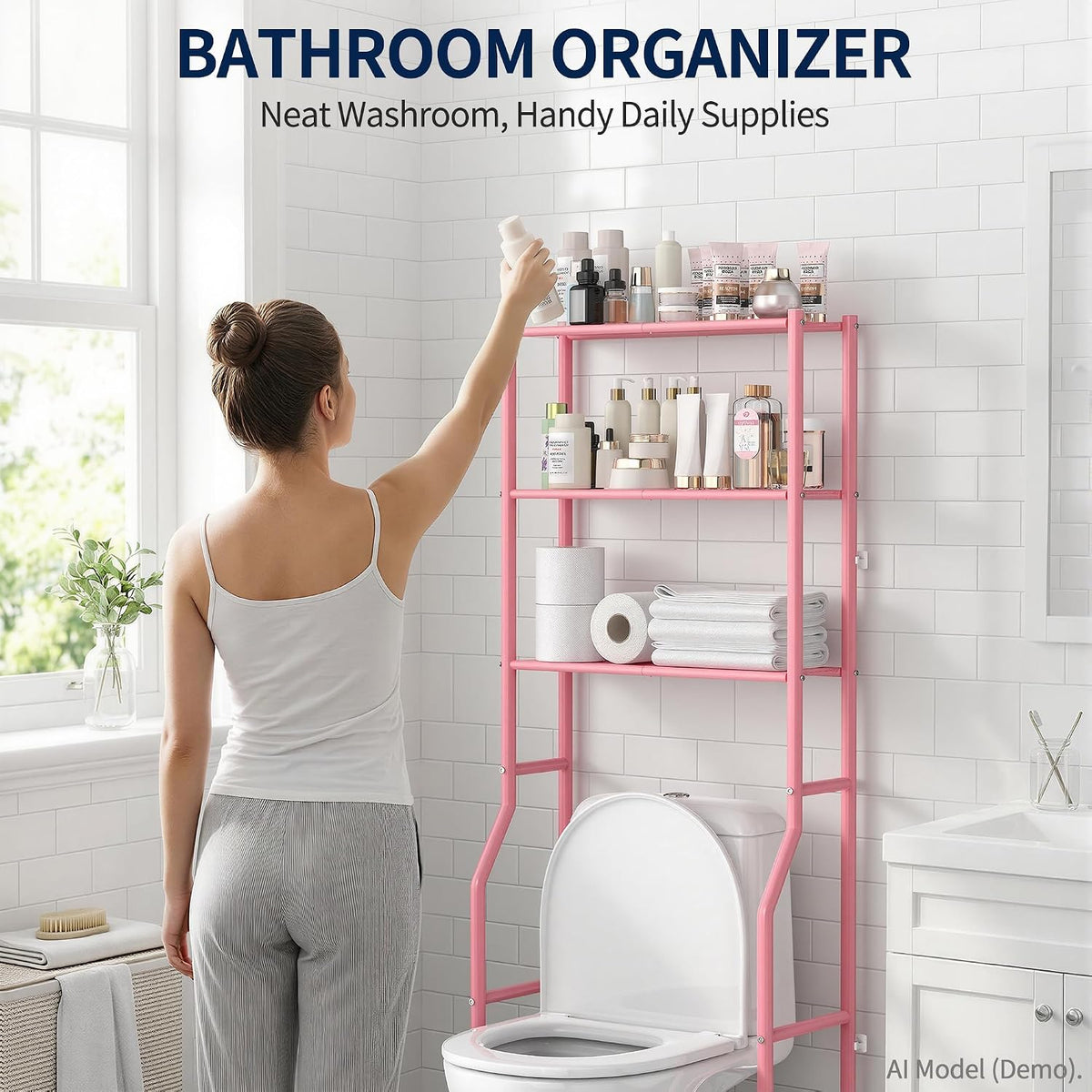 Livilord 3-Tier Over Toilet Storage Rack, Anti-Wobble, Pink