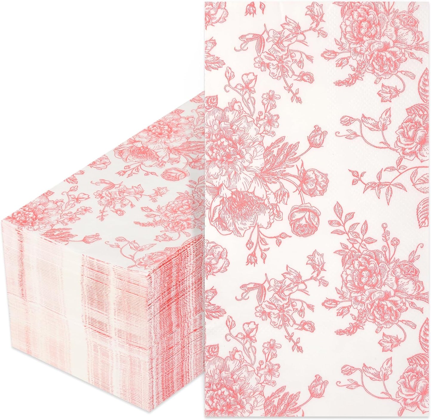 100 Floral Guest Napkins Pink and White Toile Disposable Paper Napkins Decorative Flower Bathroom Hand Towels for Bridal Baby Shower Tea Party Birthday Party Supplies