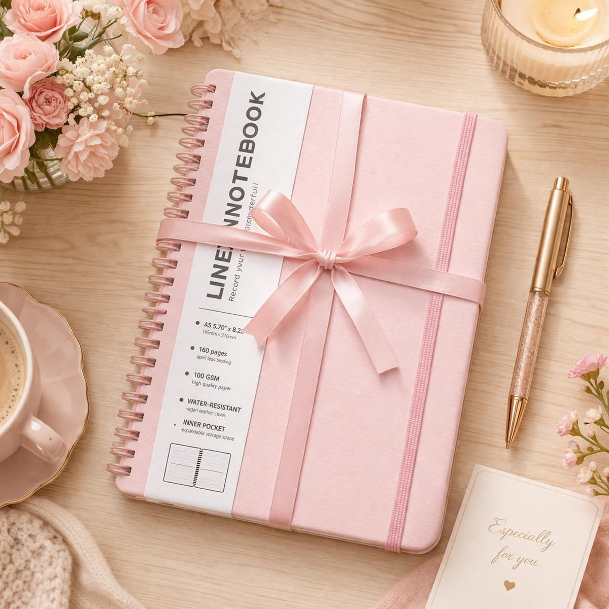 Lined Spiral Journal Notebook, A5 Hardcover Leather Notebook for Work, 5.7''×8.2'', 100GSM Thick Paper Spiral Bound Journaling Notebooks for Women & Men Office School Note Taking Business, Pink