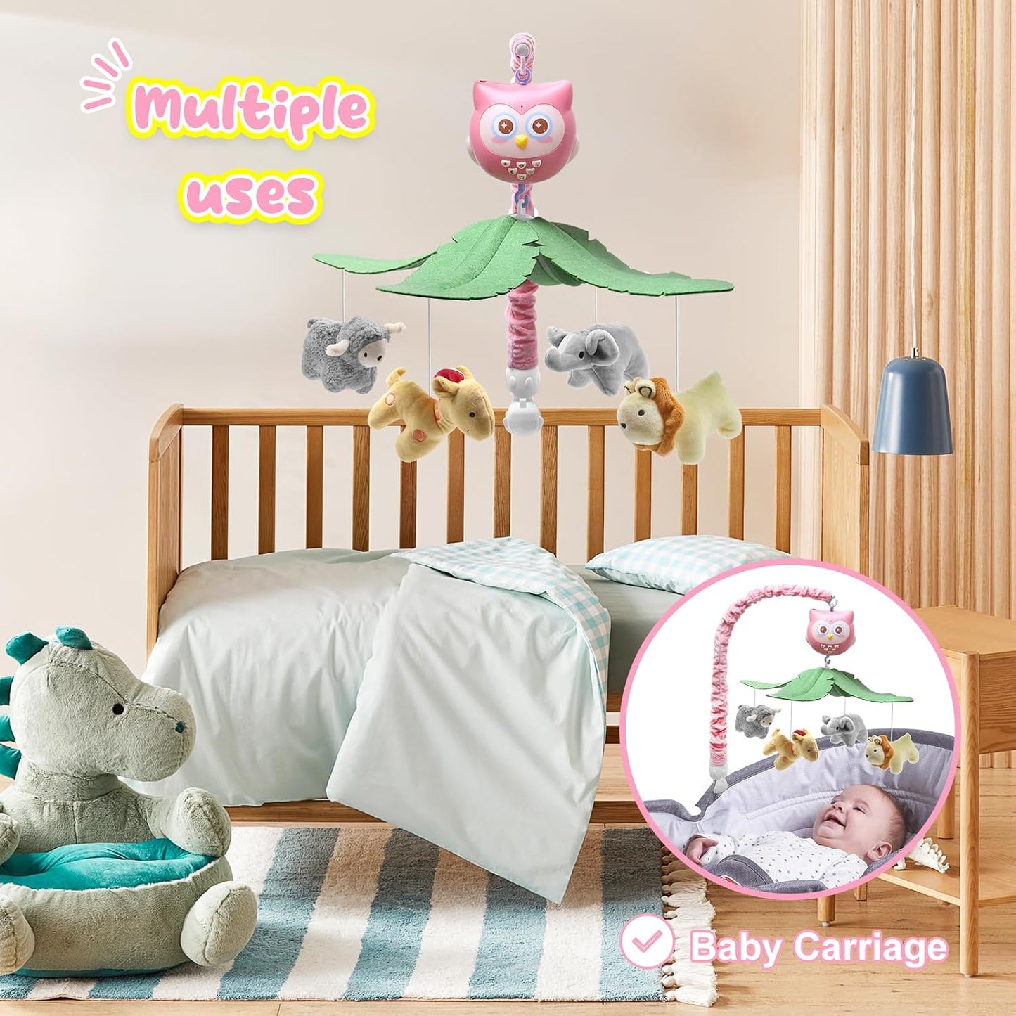 Baby Crib Mobile with Music Lights Projector and Remote Control Pink