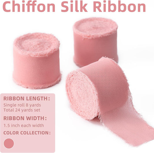 Blush Pink Handmade Chiffon Ribbon,1.5Inch x 3 Rolls Total 24 Yards Blush Pink Fringe Chiffon Silk Ribbon,for Wrapping Wedding Invitations,Bridal Bouquets,DIY Crafts,Home Decor and More
