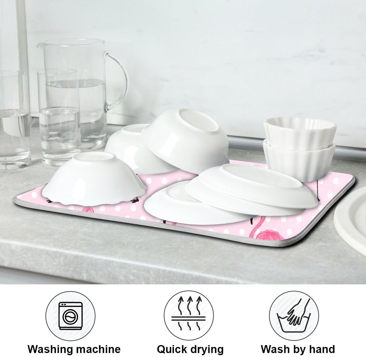 Cute Pink Flamingo Dish Drying Mat for Kitchen Counter Absorbent Heat Resistant Microfiber Dishes Drainer Mat 16x18 in Dish Pad Sink Mat Protective Pad Kitchen Decor