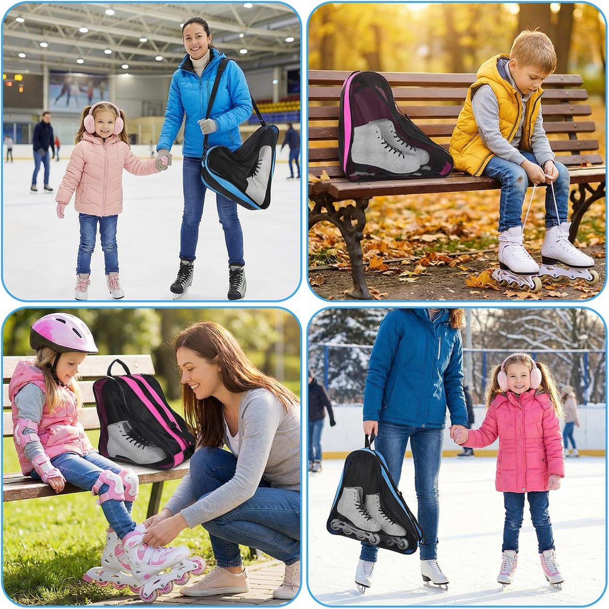 2 Pack Skate Bags with Adjustable Strap, Oxford Cloth Roller & Ice Skates Storage Bag for Shoes, Blades, Protective Gear - Light Blue & Pink