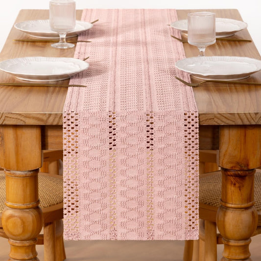 Boho Macrame Table Runner Easter Farmhouse Woven Small Table Runner 36 Inches Pink Cotton Linen Kitchen Table Decor for Spring Dining Dresser Home Everday Use