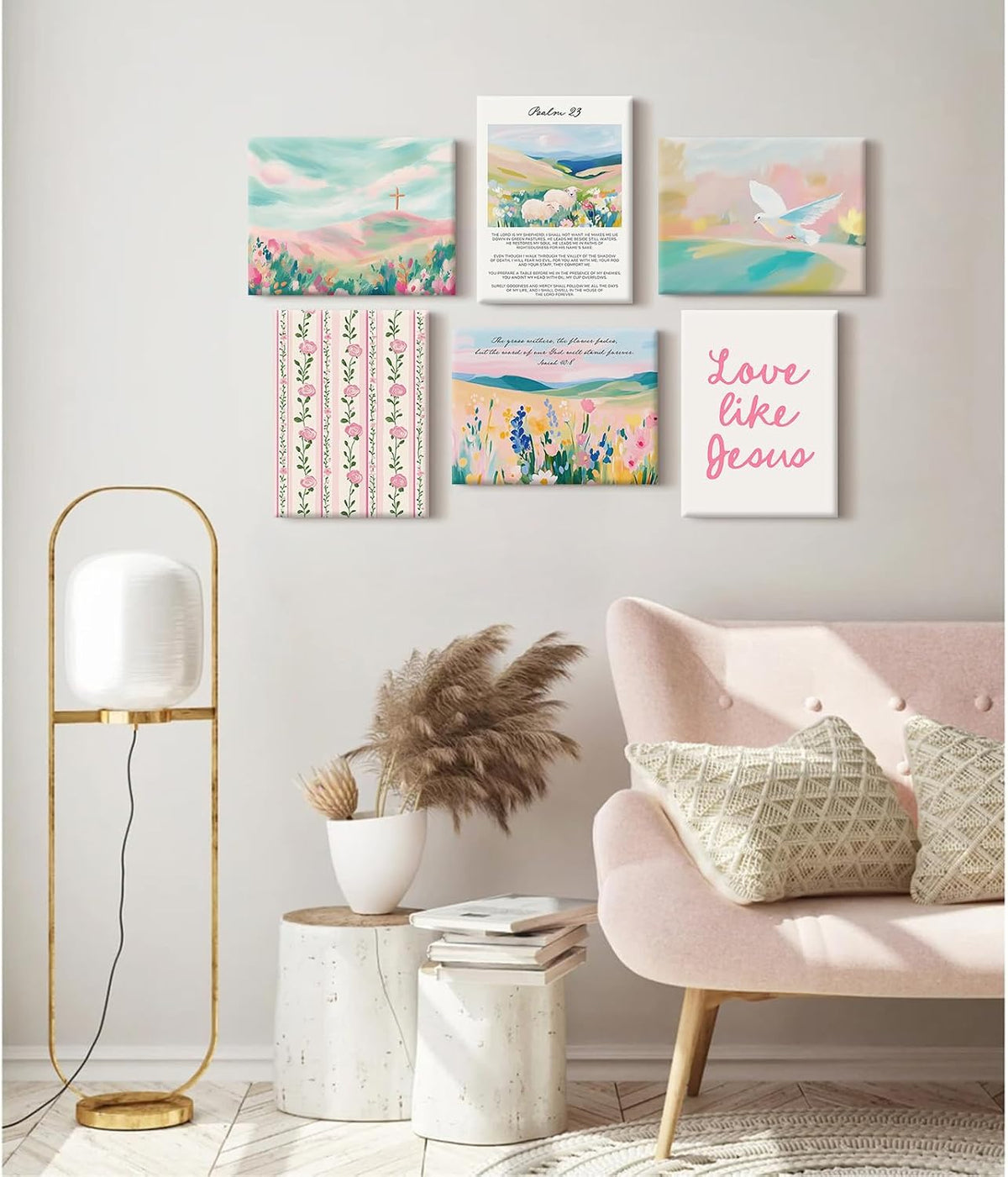 Pastel Pink Christian Wall Art Bible Verse Preppy Canvas Wall Decor Girl Trendy Christian Poster Aesthetic Floral Scripture Prints Cute Religious Pictures for Girls Room 12x16 Inch Ready to Hang 6Pcs