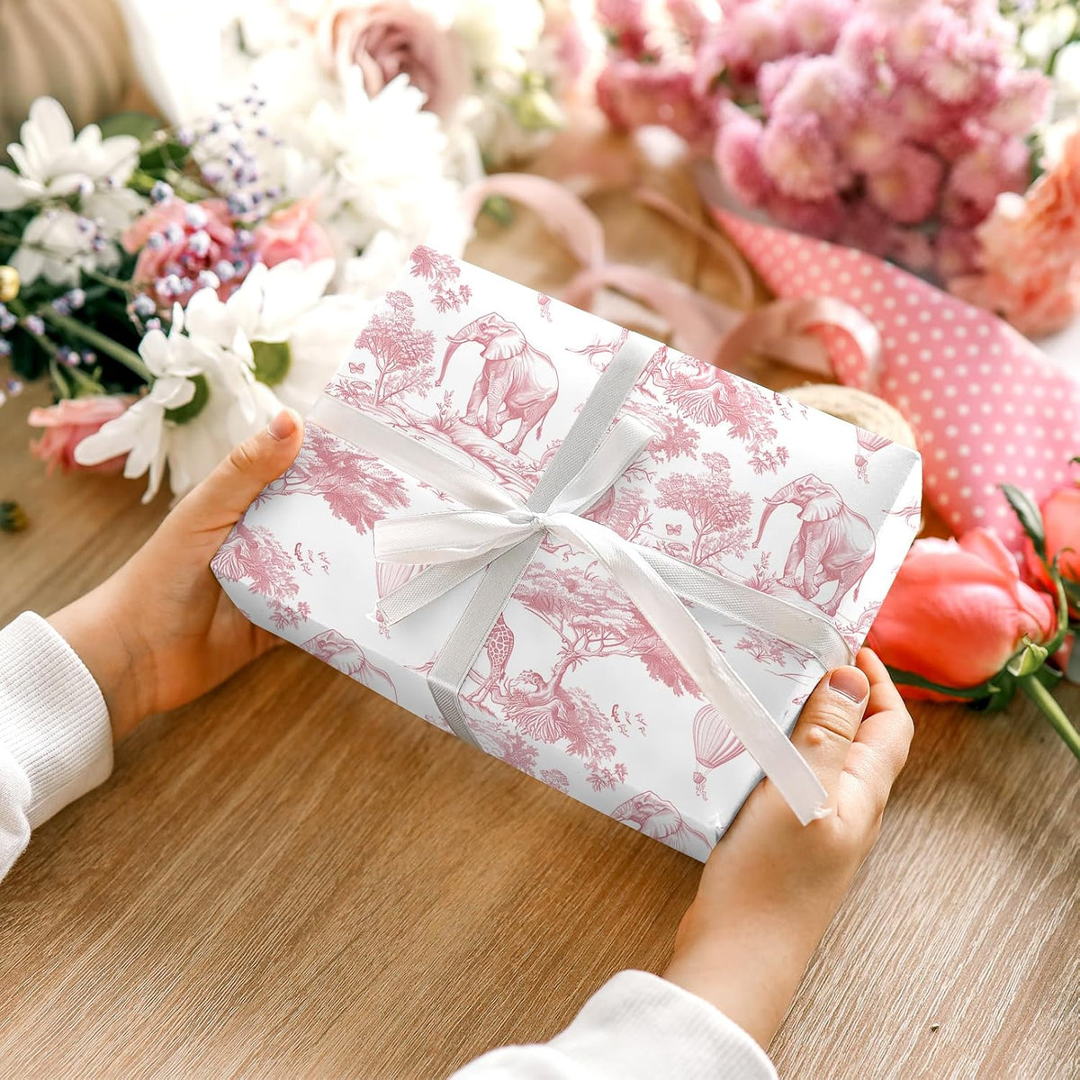 Pink and White Wrapping Paper -Mini Roll- 17 In x 32.8 Ft Jungle Animal Gift Wrap Paper for Holiday Birthday Baby Shower Party Wrapping Supplies