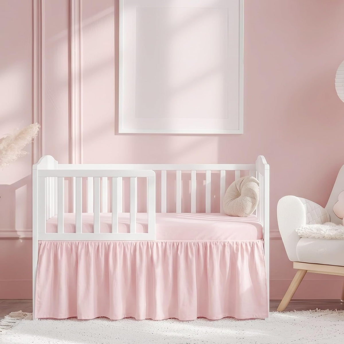 Pink Linen Shirred Crib Skirts for Girls Dust Ruffle Bed Skirts, Fits 28''x 52'' with 14" Drop Crib Bedding Skirt for Girls Boys Nursery Toddler