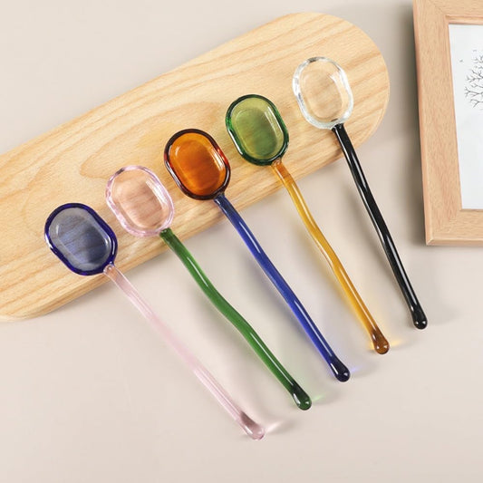 (5 Pieces) Milk Dessert Spoon Colorful Pastoral Transparent Heat-resistant Glass Cute Long-handled Coffee Stirring (Pink)