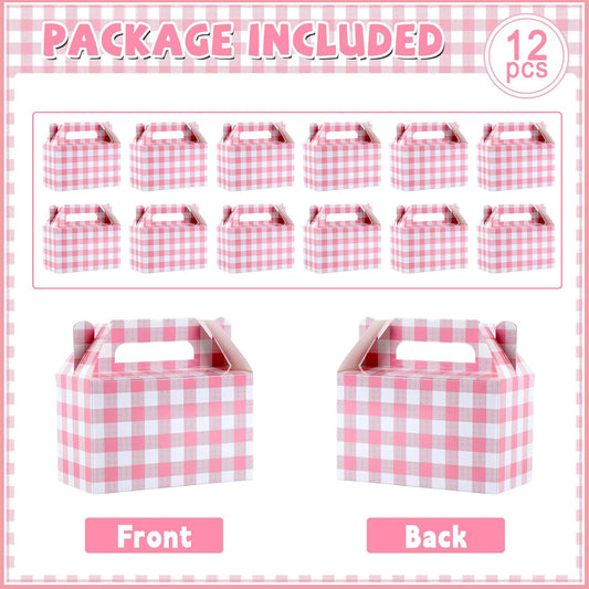 12 Pack Pink Gingham Party Favor Bags Pink Gingham Gift Boxes Checkered Paper Gift Boxes with Handles for Birthday Party Family Dinner Picnic Barbecue Baby Shower